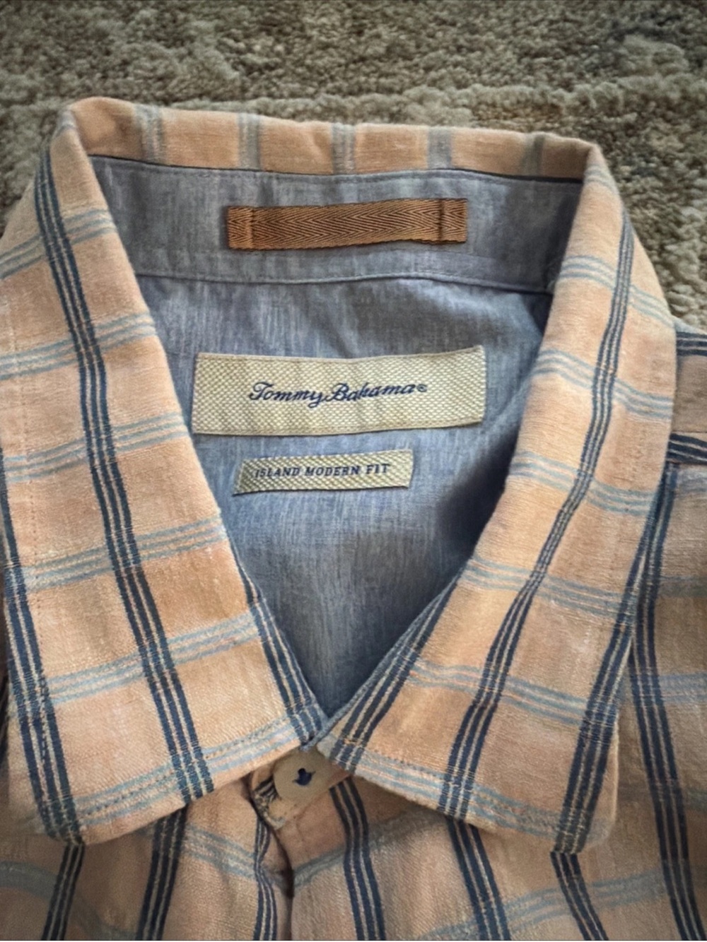 Tommy Bahama Peach and Blue Plaid Casual Button-Down Shirt